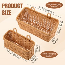 2 Pcs Woven Hanging Wall Baskets for Storage Boho Style Hanging Storage Plastic Woven Baskets with 4 Hooks for Kitchen Garden Living Room(Light Brown, Imitation Rattan Plastic)
