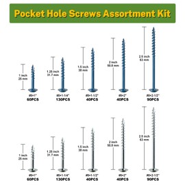LIONMAX Pocket Hole Screws Assortment Kit, 720 PCS in 5 Sizes, 8 x 1, 1-1/4", 1-1/2", 2", 2-1/2", Anti-Rust Coated Pocket Screws for Exterior& Interior, Coarse Thread, 150mm Square Drive Bit Included
