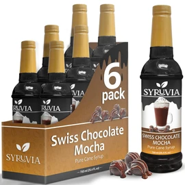 Swiss Chocolate Mocha Syrup by Syruvia 6-Pack, 25.4 fl oz, Wholesale Coffee Syrup Shops, Cafes, Baristas, Bistros, & Beverage Bars, Bulk Kosher & Gluten-Free
