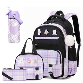 4pcs Girls Backpack, School Backpack for Girl with 14oz Insulated Water Bottle, Lunch Box and Pencil Case, Cute Kawaii Plaid Book bag for Girls Kindergarten Elementary Preschool Middle High School