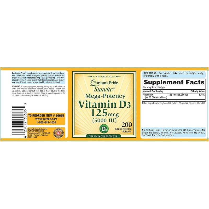 Puritan's Pride VITAMIN D3 Mega Potency PURITANS PRIDE 5000 IU