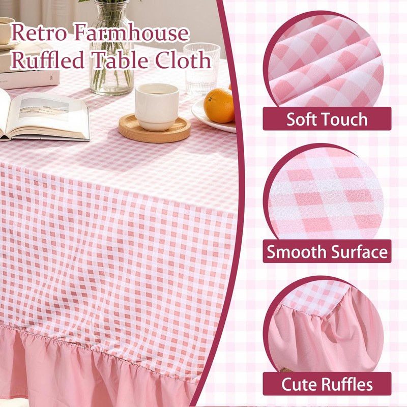 Simihiran Pink Gingham Ruffle Tablecloth 60 x 120 Inch Rectangular