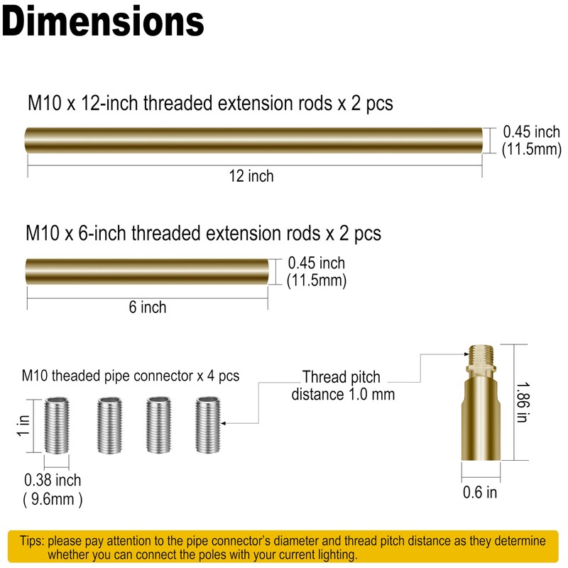 M10 Threaded Extension Poles Lighting Fixture Downrods Stems & 180