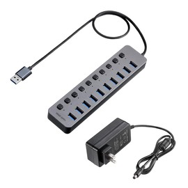 Sanwa Direct 400-HUBA23GM USB Hub, 10 Ports, Self-Powered USB Charger with Individual Switch, USB 3.2/5 Gbps, AC Adapter Included