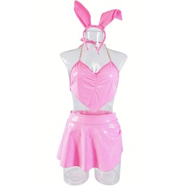 JELEUON Women Shiny Rave Festival Outfit Teddy Holographic Crop Top Mini Skirt Fairy Wing Dress Up Music Nightclub Costume