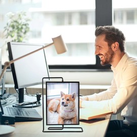 Unomor Double Sided Rotating Picture Frame 8 Inch Floating Photo Frame for Home Decoration Vertical Display Stand for Postcards and Photos Black Metal and Acrylic