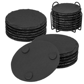 4 Inch Black Stone Coasters with Metal Holder, 8 Pieces Round Slate Drink Coasters Set Square Slate Coaster Bulk with Anti-Scratch Backing for Coffee, Kitchen, Office