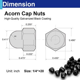 18Pcs 1/4"-20 Acorn Cap Nuts, Zinc Plating-Black Hex Head Acorn Cap Nuts, Stainless Steel 18-8 (304) Hexagon Dome for Indoor Outdoor