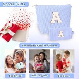 MOTIBACK Set of 2 cosmetic bags for women, striped design with initial letter, practical make-up organiser for travel and everyday life, with gold zip, blue, Cosmetic bag