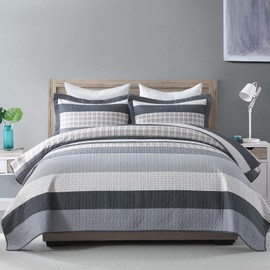 FineStichery 100% Cotton King Quilt Set - 3 Piece Farmhouse Striped Bedding, Reversible Lightweight Quilted Bedspread, Breathable Thin Comforter, All Season, Gray/Beige