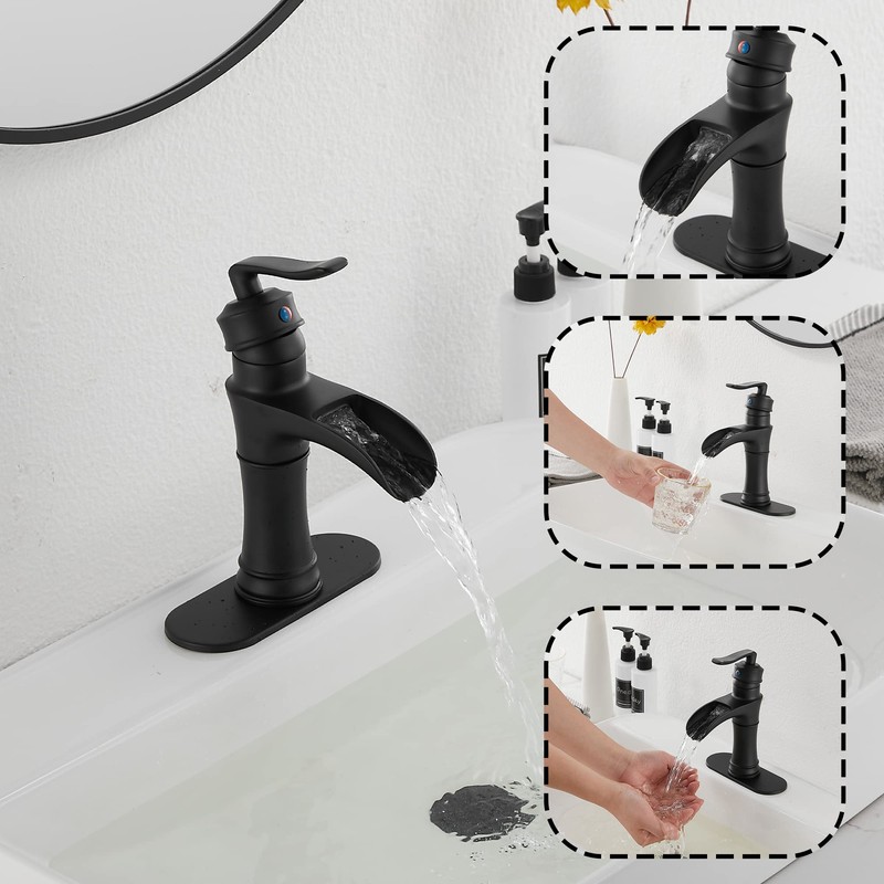 Waterfall Bathroom Faucet GGStudy Black Single Handle One Hole Farmhouse