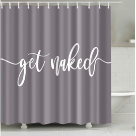 Zengmei 70x70 inches Get Naked Shower Curtain Set Funny Quote Durable Waterproof Polyester Shower Curtain Bathroom Bath Decor Cloth Fabric + 12 Hooks(Grey)