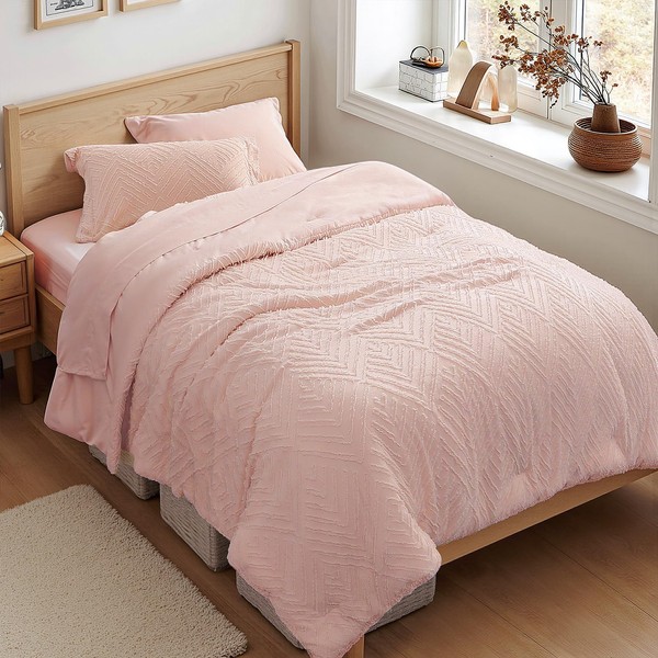 Zzlpp Twin Comforter Set 5 Pieces, Pink Tufted Bed in