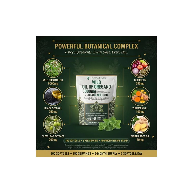 Puretrex Aceite De Orégano Salvaje - 300 Cápsulas Blandas