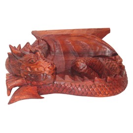 Brave Wings Hand Carved Wooden - Treasure Keeper Sleeping Dragon - Wood Ornament Sculpture Figurine Statue Unique Table Decoration Home Decor Gift for Christmas - 5015G
