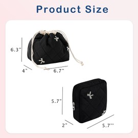 RSRSLEII 2Pcs Small Cotton Quilted Makeup Bag Set, Cute Coquette Drawstring Cosmetic Bag with Canvas Lining, Aesthetic Travel Organized Toiletry Bags for Purse (02Black Bows)