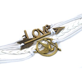 PURPLE WHALE Mockingjay Bird, Arrow, Love Charm Leather Bracelet for, Women, Vintage Style Bronze Wrap Bracelet, Braided Rope Wristband, Gift for Her & Him, White, 7-8 Inches