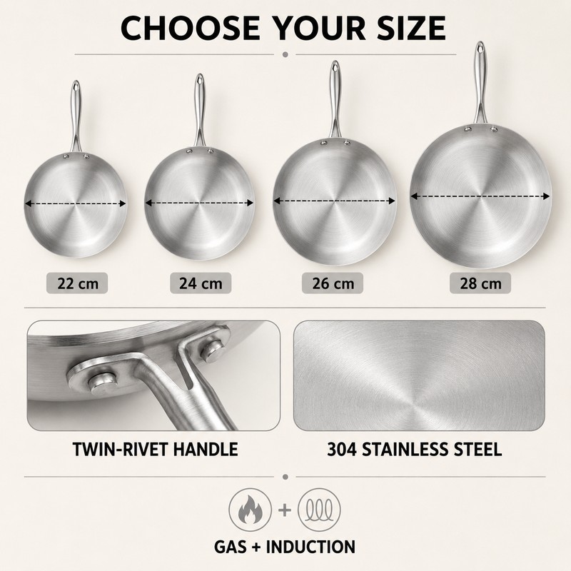 304 Stainless Steel Frying Pan, Uncoated 3-Layer Skillet for Gas