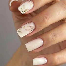 Gifiky White False Nails Short Square Press on Nails Cute Leaves Nails Tips Acrylic Full Cover Fake Nails for Women and Girls 24Pcs