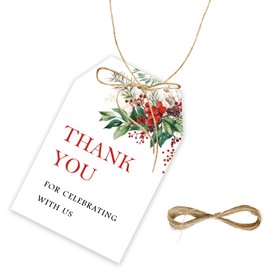 50pcs Winter Berries Thank You Tags, Holly Christmas Gift Tag with String for Winter Holiday Party, Pine and Berry Thank You Paper Tags for Christmas/Winter Wonderland Party Favors