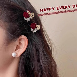 Vintage Min Velvet Flower Hair Claw Clip Tiny Red Rose Rhinestone Hair Clamp Clip Gold Cz Flower Floral Claw Barrette Headpieces Decorative Headwear Accessories Jewelry for Women