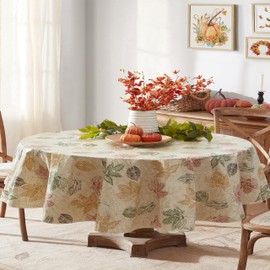 Newbridge Stamped Abstract Autumn Leaves Print Vinyl Flannel Backed Tablecloth, Contemporary Thanksgiving Fall Leaf Wipe Vinyl Tablecloth with Flannel Backing, 60” x 84” Oval