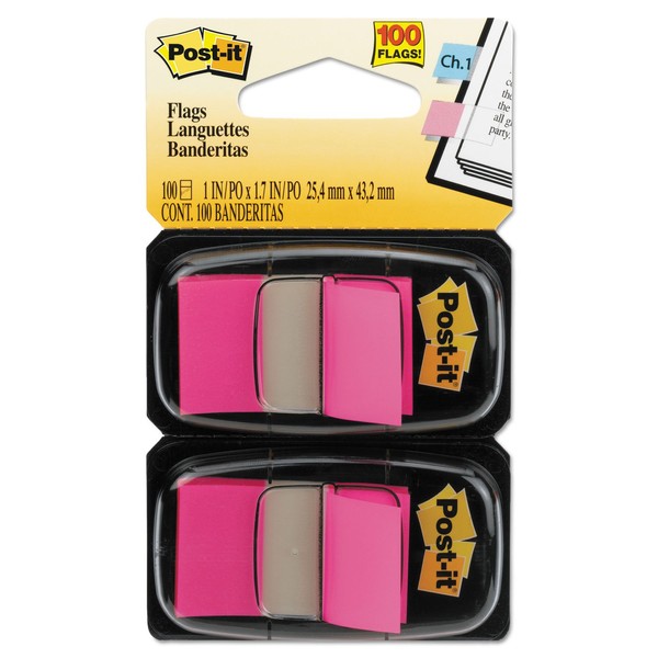 Post-it 680BP2 Standard Page Flags in Dispenser, Bright Pink, 100