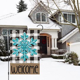Heyfibro Welcome Winter Garden Flag 12x18 Inch Double Sided Burlap Snowflake Black White Buffalo Plaid Check Rustic Yard Flags for Seasonal Christmas Winter Farmhouse Decoration(ONLY FLAG)