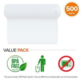 Disposable Sporks (500 Pack) White Plastic Sporks - BPA Free Kid Safe 2 in 1 Utensils - Heavy Weight Fork Spoon for School Lunch, Picnics, Catering, Restaurants, Kids Birthday Party - Stock Your Home