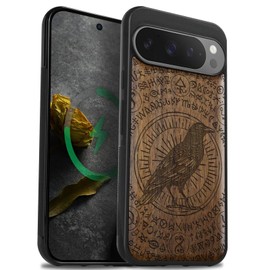 Carveit Magnetic Wooden Case for Pixel 9 Pro Google 9 Pro Case, Wood Artisan Engraved & Soft TPU Shockproof Cover, Compatible with MagSafe Wireless Chargers (The Haloed Crow) Walnut