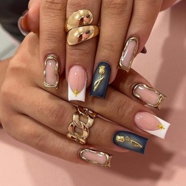 French Tips Press on Nails Medium Square Fake Nails with Gold Flower Charm Design 3D Gold Chrome Glue on Nails Golden Star Stick on Nails Glossy Summer False Nails for Women Girls Manicure 24Pcs