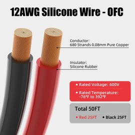 12 AWG Silicone Wire, 100% Pure Copper Conductor, 25ft Black + 25ft Red, Super Flexible 12 Gauge Electrical Wire, Rated -76℉ to +392℉ (High & Low Temperature Resistance)