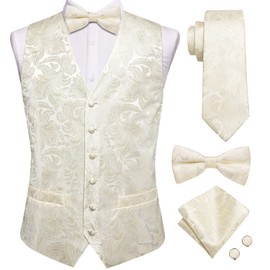 Hi-Tie Mens Suit Vest Bowtie Set Ties for Men V Neck Dress Waistcoat Tie Pocket Square Cufflinks Formal Business Wedding,Ivory Paisley,Small