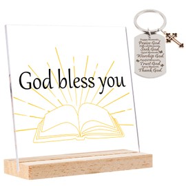 Mummarmot's God Bless You Acrylic Sign with Key Chain, Thanksgiving Gift, Desktop Art Deco, Emotional Cheerful Support Good Mood Home Office Decor