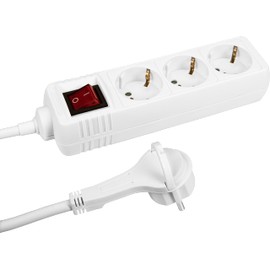 Meister 7430190 3-Way Socket Strip - Extra Flat Plug - 2 m Cable - White - IP20 Indoor - Illuminated Switch / Multiple Socket / Plug Strip with Flat Connector