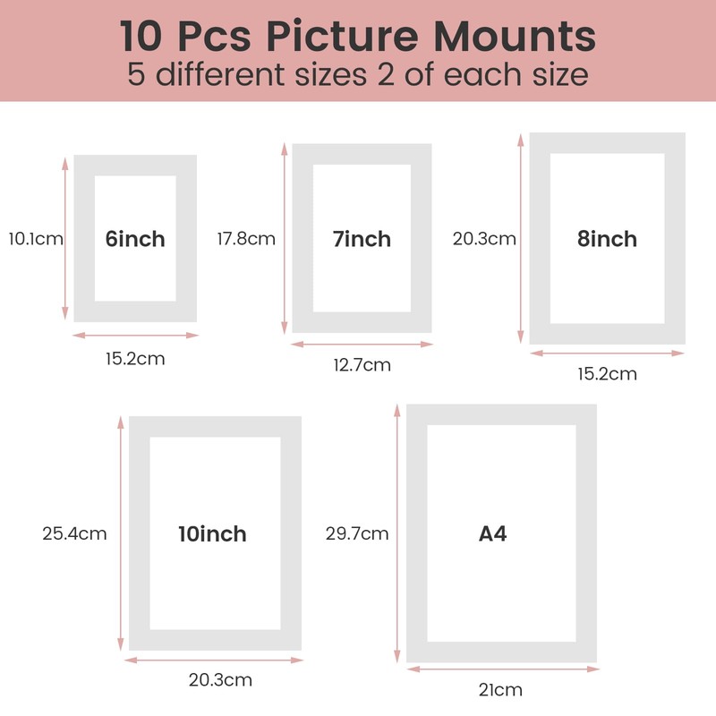 10 PCS White Picture Mounts, 5 Sizes Photo Mounts Mats