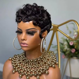 Rofa Beauty Pixie Wigs for Black Women Pixie Cut Wig Human Hair Short Curly Layered Pixie Wigs Summer Glueless Short Haircut Wig Black Color