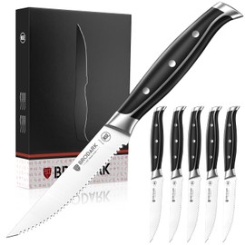 BRODARK Steak Knives Set of 6: 4.5 Inch Serrated Steak Knives with Full Tang Handle - High Carbon Stainless Steel Steak Knife Set - NSF Certified, Steel-King Series