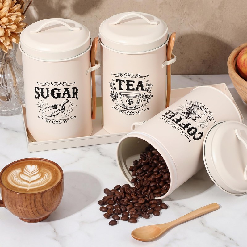 Purpeak 3 Pcs Beige Coffee Tea Sugar Container Set, Metal