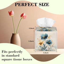 Watercolor Blue and Gold Poppy Tissue Box Cover,Abstact Flowers Plants Waterproof Leather Square Tissue Box Cover Case Facial Paper Organizer Dispenser Box Holder for Home Office Bathroom Vanity