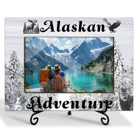 Wooden Alaska Adventure Picture Frame With Iron Stand, Photo Gifts For Women Men Couples, Gifts For Birthday Honeymoon Vacation, Insert 4*6 Picture Black and White Forest Design Horizontal -69