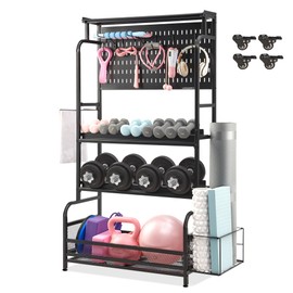 56'' Taller Home Gym Storage Organizer, Yoga Mat Storage Rack with Hanging Board, Exercise Workout Equipment Storage Stand for Home Gym, Dumbbell Holder Kettlebell Rack with Wheels and Hooks (Black)