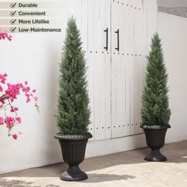 Laiwot 5FT Artificial Topiary Cedar Tree – UV Resistant Faux Potted Plants Outdoor & Indoor, Realistic Fake Cypress Trees for Porch, Front Door, Garden, Entryway, Home Office Decor, Set of 2