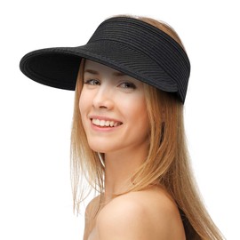 Sun Visor Hats Women Wide Brim Summer UV Protection Beach Cap Straw Hat Roll-up Foldable Sun Hats for Outdoors Black