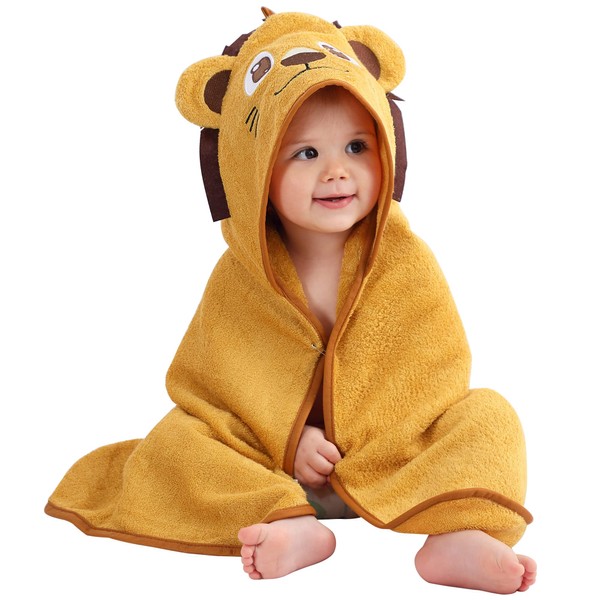COOKY.D Bamboo Hooded Baby Bath Towel Toddler Wearable Blanket Boy Girl Animal Bathrobe,Lion 75x75cm