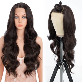Style Icon 13x4 Lace Front Wig 26 inches Dark Brown Long Wavy Curly Synthetic Hair Wigs for Women Free Part 150% Density (F5/6A)