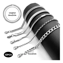 Ycrigns® 12pzs Pulseras Acero Inoxidable Cubano Eslabón Plata Hombre