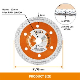 Tile Diamond Saw Blade, BGTEC 3pcs 75mm/3" x Arbor 3/8In/10mm for Ceramic,Hard Porcelain,Glazed Tiles Dry Cutting disc