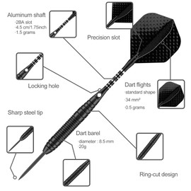 sanfeng Steel Tip Darts Set for Dartboard, Professional Darts with Metal Tip 22 Grams Black Aluminium Nylon Shafts 9 Flights 50 Rubber O-Rings 12 Spring Rings 1 Dart Sharpener Tool