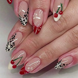 Shimmerz 24 Piece Red Almond Press On Nails, White Flowers, Leopard and Cherries Pattern, Medium Size, Glossy, Full Coverage, Acrylic Nails for Women & Girls